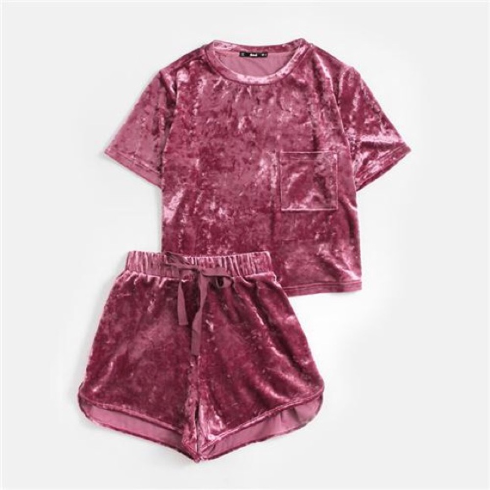 pink velvet lounge set // shorts and shirt